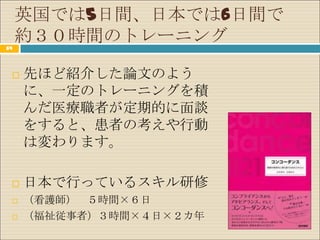 英国では5日間、日本では6日間で
64
     約３０時間のトレーニング

    先ほど紹介した論文のよう
     に、一定のトレーニングを積
     んだ医療職者が定期的に面談
     をすると、患者の考えや行動
     は変わります。

    日本で行っているスキル研修
    （看護師） ５時間×６日
    （福祉従事者）３時間×４日×２カ年
 