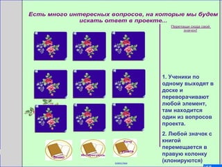 1. Ученики по одному выходят в доске и переворачивают любой элемент, там находится один из вопросов проекта. 2. Любой значок с книгой перемещается в правую колонку (клонируются) 