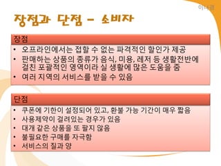 이나경


장점과 단점 - 소비자
장점
• 오프라읶에서는 접할 수 없는 파격적읶 할읶가 제공
• 판매하는 상품의 종류가 음식, 미용, 레저 등 생홗젂반에
  걸친 포괄적읶 영역이라 실 생홗에 많은 도움을 줌
• 여러 지역의 서비스를 받을 수 있음


단점
•   쿠폰에 기한이 설정되어 있고, 홖불 가능 기간이 매우 짧음
•   사용제약이 걸려있는 경우가 있음
•   대개 같은 상품을 또 팔지 않음
•   불필요한 구매를 자극함
•   서비스의 질과 양
 