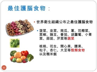 最佳護腦食物 ： 世界衛生組織公布之最佳護腦食物 菠菜、韭菜、南瓜、蔥、花椰菜、菜椒、豌豆、番茄、胡蘿蔔、小青菜、蒜苗、芹菜等 蔬菜 核桃、花生、開心果、腰果、 松子、杏仁、大豆等 殼類食物 以及糙米飯  