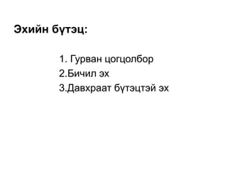 Эхийн бүтэц:

       1. Гурван цогцолбор
       2.Бичил эх
       3.Давхраат бүтэцтэй эх
 