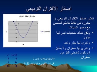 اصفار الاقتران التربيعي تعتبر اصفار الاقتران التربيعي او جذوره هي نقاط تقاطع المنحنى مع محور السينات ولكن هناك منحنيات ليس لها جذور واخرى لها جذر واحد واخرى لها صفران ولا يمكن ان يكون لمنحنى اكثو من صفران مثال : ق ( س )= س ² -2 س -3 في هذا الاقتران صفران هما  (3,-1) 0 -1 -4 1 0 3 ق ( س ) س 