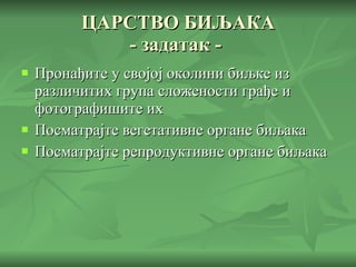 ЦАРСТВО БИЉАКА - задатак -  Пронађите у својој околини биљке из различитих група сложености грађе и фотографишите их Посматрајте вегетативне органе биљака Посматрајте репродуктивне органе биљака 