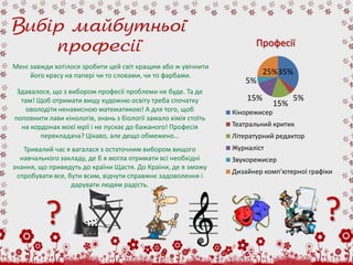 Професії

Мені завжди хотілося зробити цей світ кращим або ж увічнити
     його красу на папері чи то словами, чи то фарбами.                    25%35%
                                                                    5%
 Здавалося, що з вибором професії проблеми не буде. Та де
  там! Щоб отримати вищу художню освіту треба спочатку               15%             5%
                                                                               15%
   оволодіти ненависною математикою! А для того, щоб             Кінорежисер
поповнити лави кінологів, знань з біології замало хімія стоїть
  на кордонах моєї мрії і не пускає до бажаного! Професія        Театральний критик
        перекладача? Цікаво, але дещо обмежено…                  Літературний редактор
   Тривалий час я вагалася з остаточним вибором вищого           Журналіст
  навчального закладу, де б я могла отримати всі необхідні       Звукорежисер
знання, що приведуть до країни Щастя. До Країни, де я зможу
                                                                 Дизайнер комп'ютерної графіки
 спробувати все, бути всим, відчути справжнє задоволення і
                  дарувати людям радість.




          ?                                                                                ?
 