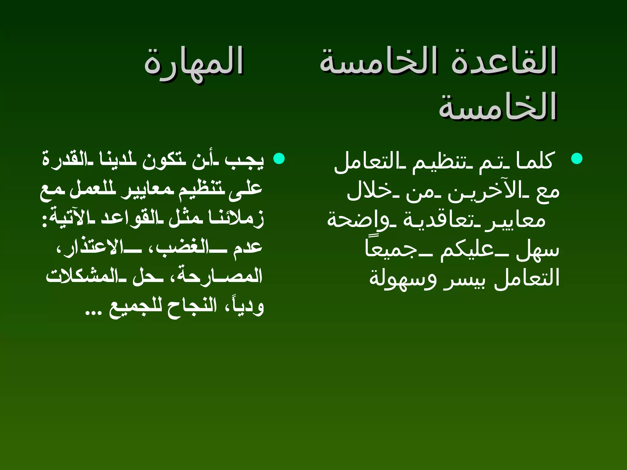 القاعدة الخامسة المهارة الخامسة يجب أن تكون لدينا القدرة على تنظيم معايير للعمل مع زملائنا مثل القواعد الآتية :  عدم الغضب، الاعتذار، المصارحة، حل المشكلات ودياً، النجاح للجميع  ... كلما تم تنظيم التعامل مع الآخرين من خلال معايير تعاقدية واضحة سهل عليكم جميعاً التعامل بيسر وسهولة  