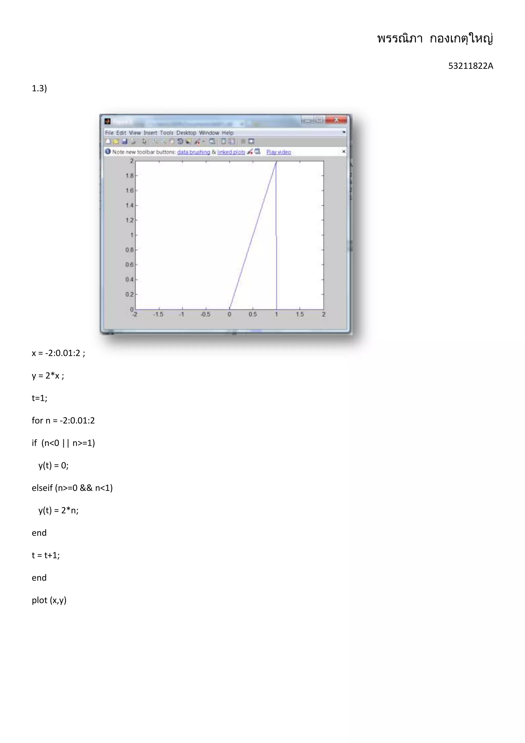 53211822A
1.3)
x = -2:0.01:2 ;
y = 2*x ;
t=1;
for n = -2:0.01:2
if (n<0 || n>=1)
y(t) = 0;
elseif (n>=0 && n<1)
y(t) = 2*n;
end
t = t+1;
end
plot (x,y)