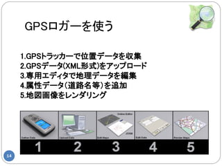 GPSロガーを使う

     1.GPSトラッカーで位置データを収集
     2.GPSデータ(XML形式)をアップロード
     3.専用エディタで地理データを編集
     4.属性データ（道路名等）を追加
     5.地図画像をレンダリング




14
 