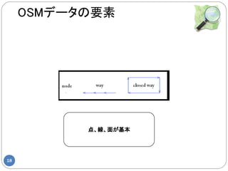 OSMデータの要素




           点、線、面が基本




18
 