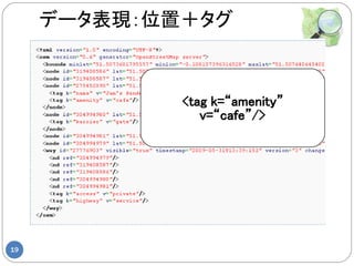データ表現：位置＋タグ



             <tag k=“amenity”
                v=“cafe”/>




19
 