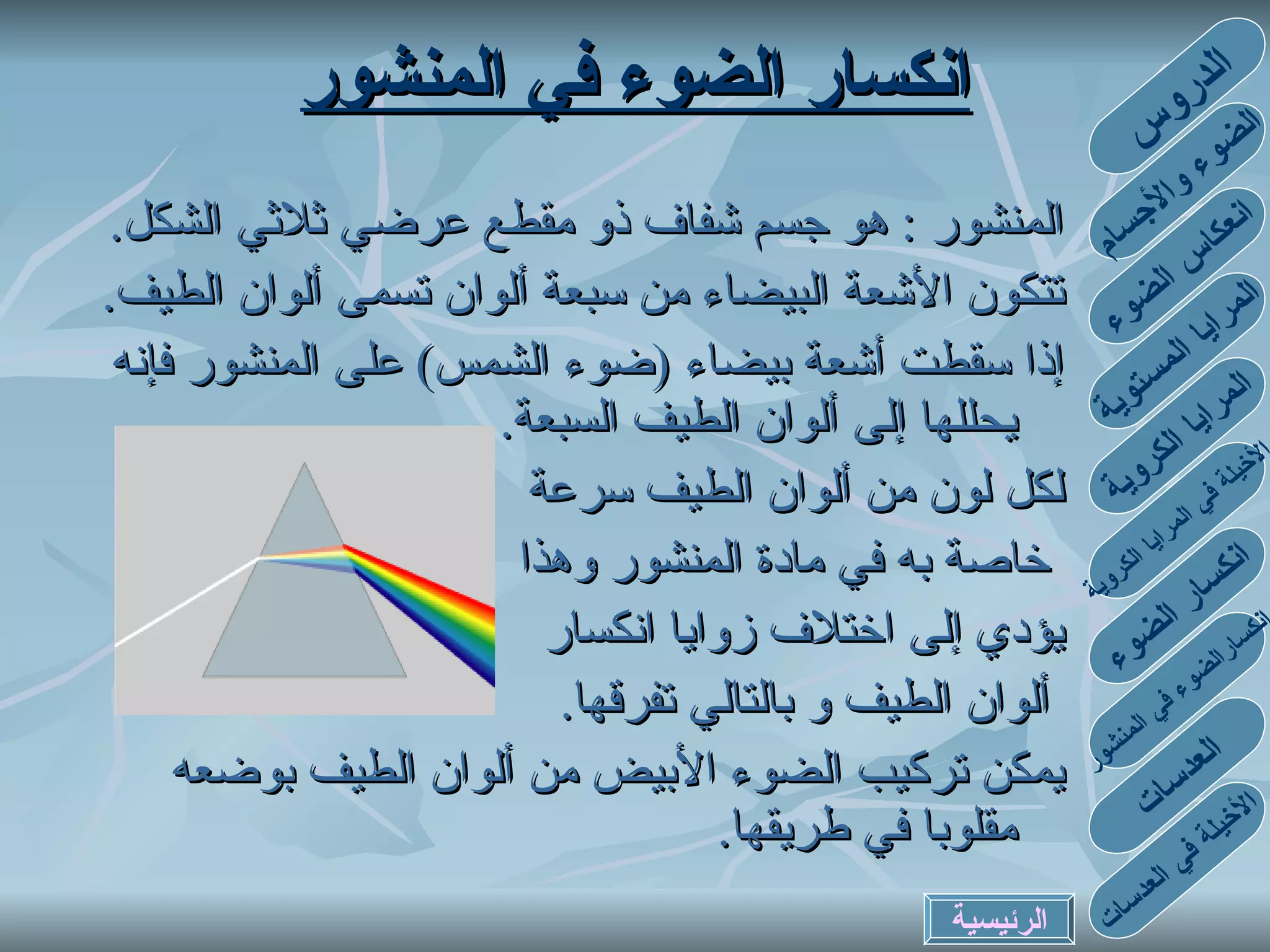 المنشور  :  هو جسم شفاف ذو مقطع عرضي ثلاثي الشكل . تتكون الأشعة البيضاء من سبعة ألوان تسمى ألوان الطيف . إذا سقطت أشعة بيضاء  ( ضوء الشمس )  على المنشور فإنه يحللها إلى ألوان الطيف السبعة . لكل لون من ألوان الطيف سرعة خاصة به في مادة المنشور وهذا  يؤدي إلى اختلاف زوايا انكسار ألوان الطيف و بالتالي تفرقها . يمكن تركيب الضوء الأبيض من ألوان الطيف بوضعه مقلوبا في طريقها . انكسار الضوء في المنشور الدروس الضوء والأجسام انعكاس الضوء المرايا المستوية المرايا الكروية الأخيلة في المرايا الكروية انكسارالضوء في المنشور انكسار الضوء العدسات الأخيلة في العدسات الرئيسية 