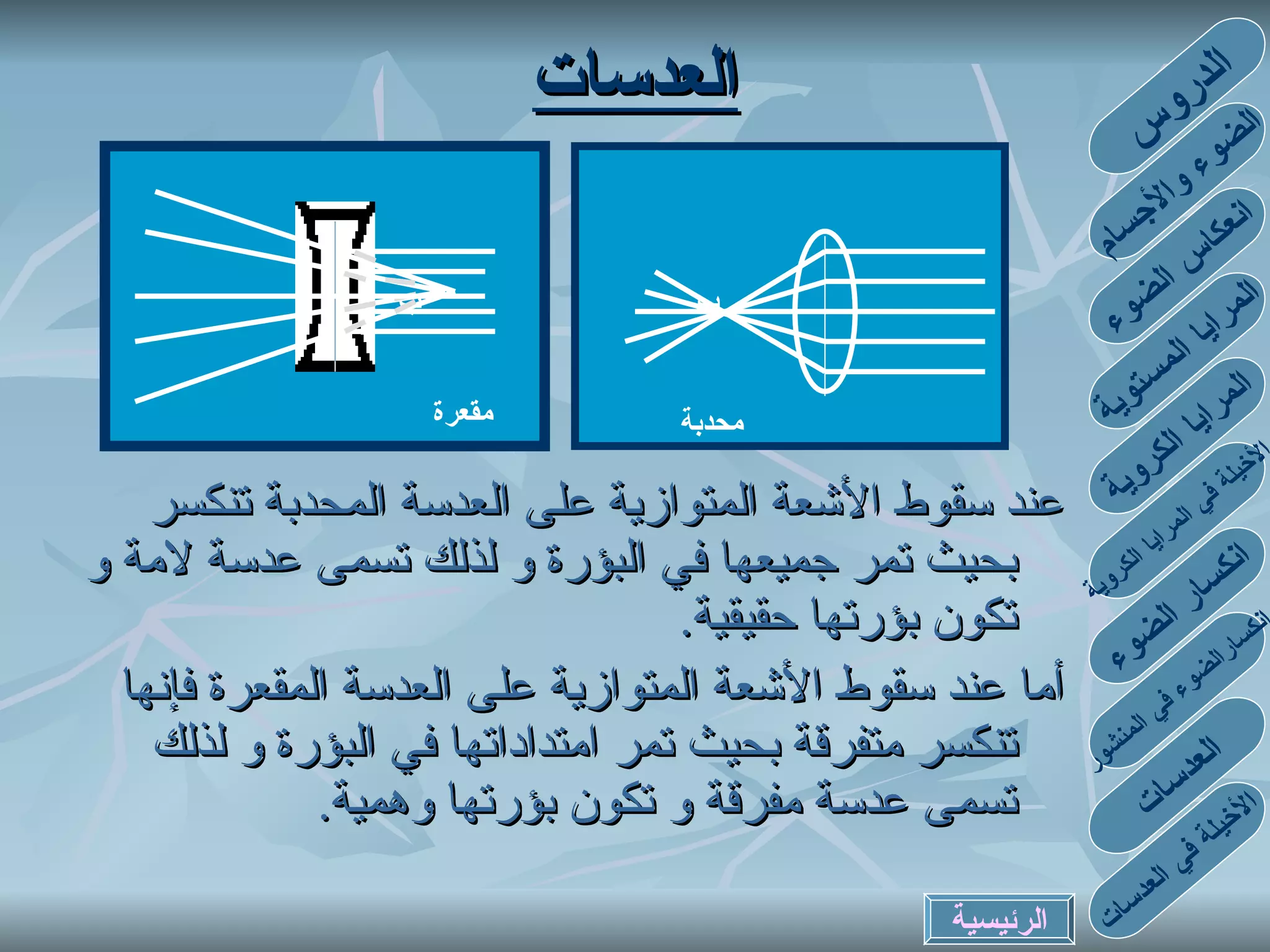 العدسات عند سقوط الأشعة المتوازية على العدسة المحدبة تنكسر بحيث تمر جميعها في البؤرة و لذلك تسمى عدسة لامة و تكون بؤرتها حقيقية . أما عند سقوط الأشعة المتوازية على العدسة المقعرة فإنها تنكسر متفرقة بحيث تمر امتداداتها في البؤرة و لذلك تسمى عدسة مفرقة و تكون بؤرتها وهمية . ب ب محدبة مقعرة الدروس الضوء والأجسام انعكاس الضوء المرايا المستوية المرايا الكروية الأخيلة في المرايا الكروية انكسارالضوء في المنشور انكسار الضوء العدسات الأخيلة في العدسات الرئيسية 