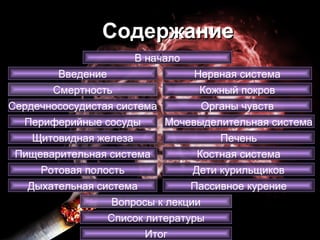 Содержание В начало Введение Сердечнососудистая система Периферийные сосуды Щитовидная железа Ротовая полость Нервная система Пищеварительная система Дыхательная система Кожный покров Органы чувств Мочевыделительная система Печень Костная система Дети курильщиков Пассивное курение Итог Смертность Список литературы Вопросы к лекции 