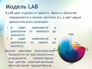 Модель LAB В LAB цвет отделен от яркости. Яркость объектов определяется в канале светлоты (L), а цвет двумя хроматическими каналами:  а (цвет изменяется в диапазоне от зеленого до красного); b (цвет изменяется в диапазоне от синего до желтого).  Данное цветовое пространство базируется на трех разностных координатах элементарных пар цветов: красный-зеленый, желтый-синий, черный-белый. 