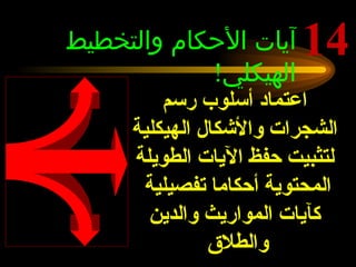 14 آيات الأحكام والتخطيط الهيكلي !  اعتماد أسلوب رسم الشجرات والأشكال الهيكلية لتثبيت حفظ الآيات الطويلة المحتوية أحكاما تفصيلية  كآيات المواريث والدين والطلاق   