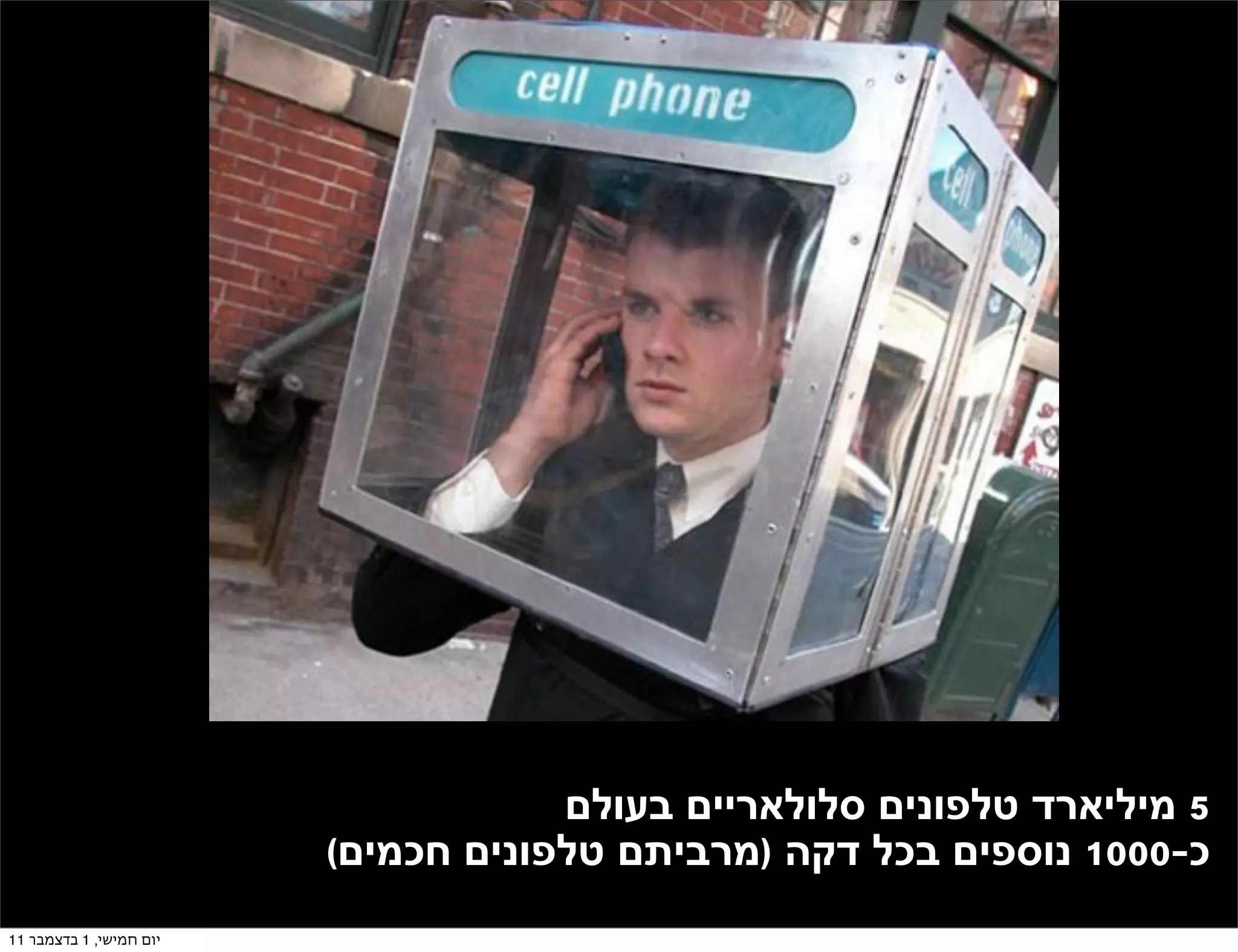 ‫5 מיליארד טלפונים סלולאריים בעולם‬
                         ‫כ-0001 נוספים בכל דקה )מרביתם טלפונים חכמים(‬
‫יום חמישי, 1 בדצמבר 11‬
 