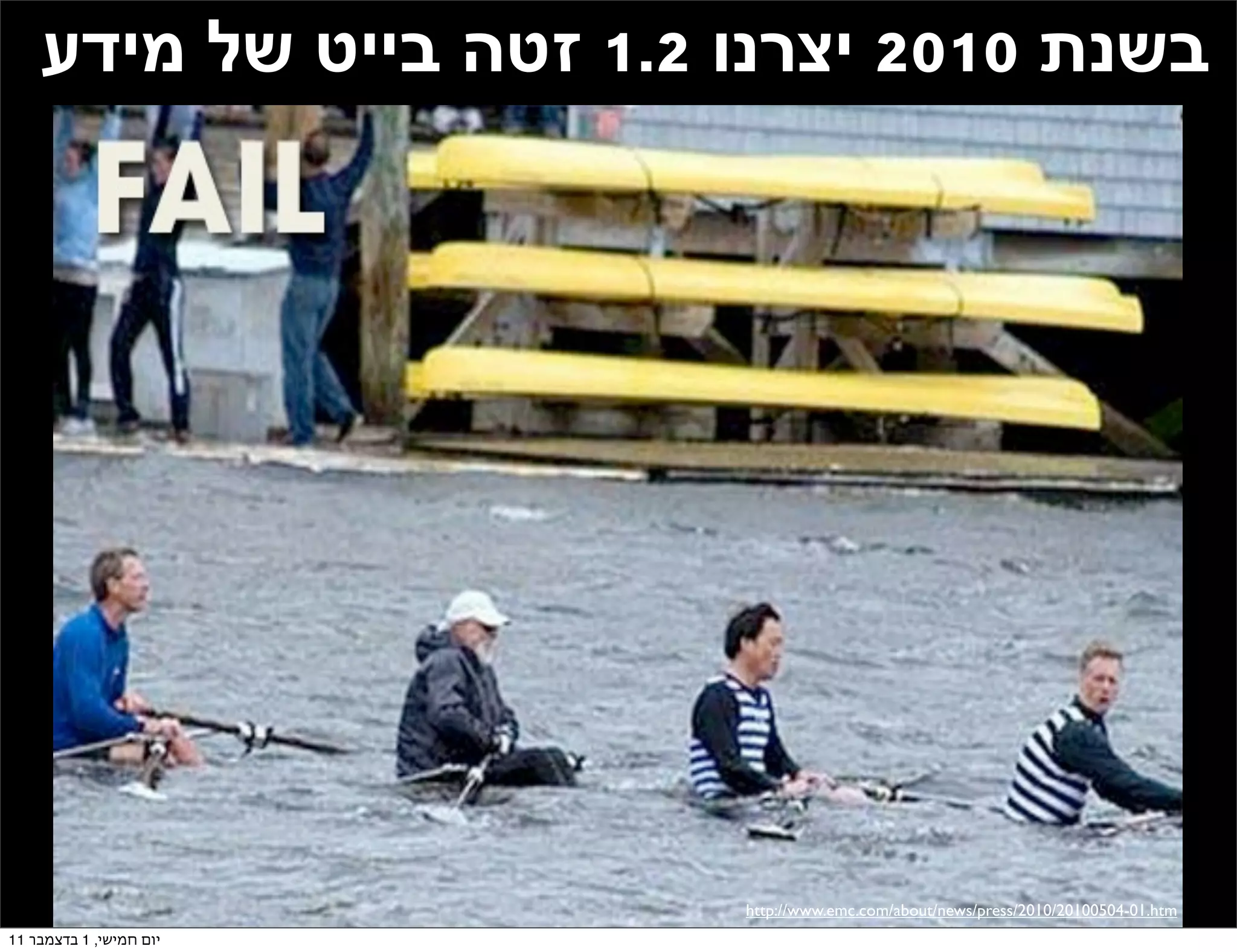 ‫בשנת 0102 יצרנו 2.1 זטה בייט של מידע‬




                         ‫‪http://www.emc.com/about/news/press/2010/20100504-01.htm‬‬
‫יום חמישי, 1 בדצמבר 11‬
 