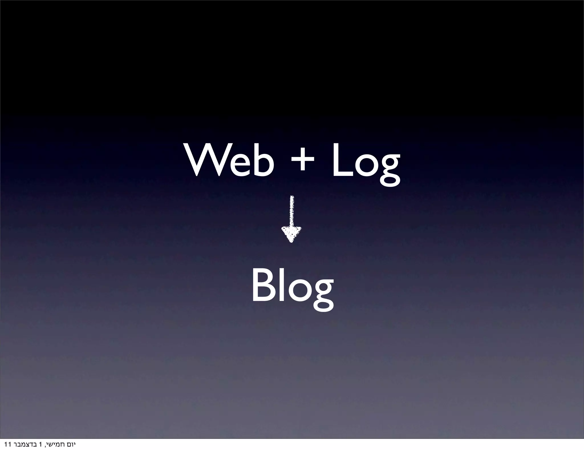 ‫‪Web + Log‬‬

                           ‫‪Blog‬‬


‫יום חמישי, 1 בדצמבר 11‬
 