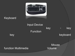 Keyboard

                  Input Device
                                 key        -   key
                      Function
    key                                 keyboard


                                    Mouse
function Multimedia              Volume
 