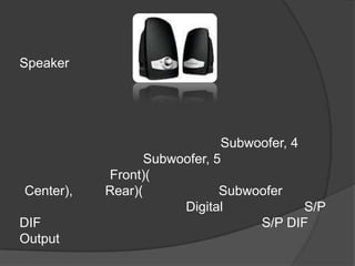 Speaker




                              Subwoofer, 4
                  Subwoofer, 5
           Front)(
Center),   Rear)(             Subwoofer
                       Digital             S/P
DIF                                S/P DIF
Output
 