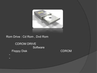 Rom Drive : Cd Rom , Dvd Rom

        CDROM DRIVE
                 Software
     Floppy Disk               CDROM
 -
 -
 