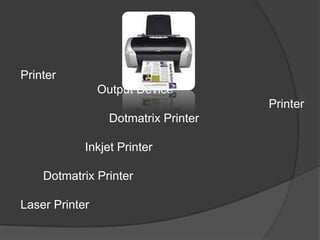 Printer
                Output Device
                                      Printer
                  Dotmatrix Printer

            Inkjet Printer

    Dotmatrix Printer

Laser Printer
 