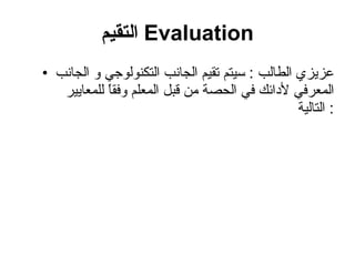 التقيم   Evaluation عزيزي الطالب  :  سيتم تقيم الجانب التكنولوجي و الجانب المعرفي لأدائك في الحصة من قبل المعلم وفقاً للمعايير التالية :  