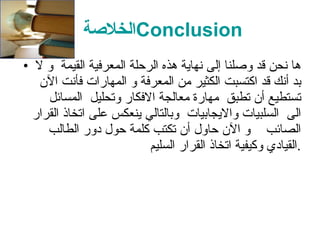 الخلاصة  Conclusion ها نحن قد وصلنا إلى نهاية هذه الرحلة المعرفية القيمة  و لا بد أنك قد اكتسبت الكثير من المعرفة و المهارات فأنت الآن تستطيع أن تطبق  مهارة معالجة الافكار وتحليل  المسائل الى  السلبيات والايجابيات  وبالتالي ينعكس على اتخاذ القرار الصائب  و الآن حاول أن تكتب كلمة حول دور الطالب  القيادي وكيفية اتخاذ القرار السليم  . 