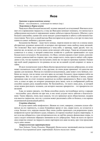 Н. Зима, Д. Зима. «Как назвать мальчика. Лучшее имя для вашего ребенка»




                                           Яков
      Значение и происхождение имени:
      Иаков – последователь, следующий по пятам (евр.).
      Энергетика и Карма имени
      Чаще всего Яша большой жизнелюб, человек заводной, но отходчивый. Имя мало скло-
няет его к проявлению твердости, к тому же Яков рано начинает понимать, что мягкостью и
добродушным весельем от окружающих можно добиться гораздо большего. Обычно у него
большое самолюбие, однако оно легко находит удовлетворение в заботе о собственном бла-
госостоянии. Чего-чего, а своей выгоды Яша постарается не упустить, и не зря это имя стало
одним из самых любимых у русских цыган.
      Большинство Яковов – люди чисто земные, энергия имени не зовет их к поиску неких
абстрактных духовных ценностей, из которых они признают лишь свободу своих желаний.
Это позволяет Яше мало привязываться к чему-либо, к примеру, теряя друзей, чего он,
конечно же, не желает, он тем не менее легко находит себе новых. Такая же ситуация может
сложиться и в семье, к которой совместное хозяйство и удобство привязывают его куда
больше всего остального. Не исключено, что Яша с легким сердцем станет искать дополни-
тельных удовольствий на стороне, при этом, скорее всего, очень просто найдет себе оправ-
дание в том, что все мужики так поступают, иначе же это просто хреновые мужики. Однако
при всей своей уверенности эти романы он все же на всякий случай сохранит от жены в
тайне.
      Из всех человеческих чувств Яков обычно предпочитает веселое добродушие, он легко
может посмеяться и над собой, и над другими, но очень редко применяет это качество как
оружие для насмешек. Иногда он становится вспыльчивым, даже может стать буйным, осо-
бенно во хмелю, тем не менее для него вряд ли составит большого труда первым пойти на
примирение. Все это делает его имя чрезвычайно удобным для общения и жизни, однако
женщинам едва ли стоит излишне надеяться на особую привязанность Яши к ним. Кроме
того, в семье он вряд ли потерпит решающую роль жены, хотя из соображений удобства
способен сыграть роль подкаблучника. Не беспокойтесь, это всего лишь роль, за которой
легко можно разглядеть человека, для которого высшие приоритеты – это приоритеты его
желаний.
      Едва ли можно ожидать, что Якова способны увлечь честолюбивые мечты о карьере
– честолюбие здесь обычно ни при чем, и оно легко уступит место заботам о благососто-
янии. Таким образом, очень мало шансов, что его привлекут роли общественных лидеров
или высоты творчества, зато он с успехом может реализовать себя и в бизнесе, и на хорошо
оплачиваемой руководящей работе.
      Секреты общения
      В случае каких-либо конфликтов с Яковом не стоит, наверное, слишком сильно оби-
жаться на его горячность, в самое ближайшее время от нее, скорее всего, не останется и
следа. Больше того, нередко именно Яшу очень удобно привлекать для разрешения чужих
конфликтов в роли третейского судьи, поверьте, он хорошо подойдет на роль миротворца. А
вот если вы собираетесь с ним поторговаться или, не дай Бог, решать финансовые споры, то
здесь следует поменьше обращать внимания на его добродушие. Чаще же всего он просто
свое упорство спишет на твердость своих партнеров или даже на жену, при этом продолжая
гнуть свою линию.
      Астрологическая характеристика
      Знак Зодиака: Телец. Планета: Меркурий. Цвета имени: малиновый, иногда стальной.
Наиболее благоприятный цвет: коричневый. Камень-талисман: яшма.
                                                                                       102
 