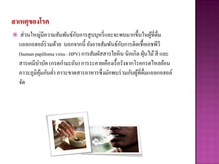 สาเหตุของโรค
                              ั
     ส่ วนใหญ่มีความสัมพันธ์กบการสูบบุหรี่ และจะพบมากขึ้นในผูท่ีดื่ม
                                                                  ้
    แอลกอฮอล์ร่วมด้วย นอกจากนี้ ยังอาจสัมพันธ์กบการติดเชื้อเอชพีวี
                                                  ั
    (human papilloma virus : HPV) การสัมผัสสารใยหิน นิกเกิล ฝุ่ นไม้ สี และ
    สารเคมีบาบัด (กรดกามะถัน) การระคายเคืองเรื้ อรังจากโรคกรดไหลย้อน
    ภาวะภูมิคุมกันต่า ภาวะขาดสารอาหารซึ่งมักพบร่ วมกับผูท่ีด่ืมแอลกอฮอล์
              ้                                           ้
    จัด
 