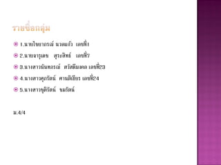  1.นายไชยาภรณ์ นวลแก้ว     เลขที่1
 2.นายจารุ เดช สุ ระสิทธ์ เลขที่7
 3.นางสาวนันทภรณ์ สวัสดีมงคล เลขที่23
 4.นางสาวศุ ภรัตน์ ศานติเธียร เลขที่24
 5.นางสาวชุ ตรตน์ ชมรัตน์
              ิั

ม.4/4
 