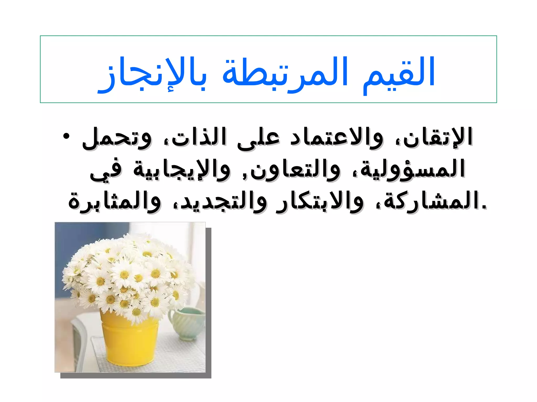 القيم المرتبطة بالإنجاز الإتقان، والاعتماد على الذات، وتحمل المسؤولية، والتعاون ,  والإيجابية في المشاركة، والابتكار والتجديد، والمثابرة .  