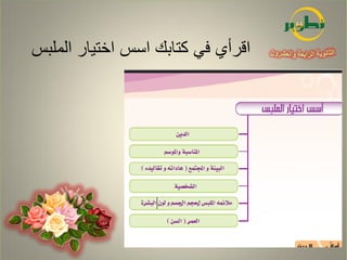 ‫اقرأي في كتابك اسس اختيار الملبس‬
 