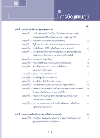 สารบัญแผนภูมิ
                                                                                       หน้า
ส่วนที่
1

หลักการป้องกันและบรรเทาสาธารณภัย
                                             1

          แผนภูมิที่
1.1
 การกำหนดบุคคลผู้มีอำนาจในการป้องกันและบรรเทาสาธารณภัย
       22

          
                ตามพระราชบัญญัติป้องกันและบรรเทาสาธารณภัย
พ.ศ.2550

          แผนภูมิที่
1.2
 การบริหารจัดการสาธารณภัยของประเทศไทย
                         23

          แผนภูมิที่
3.1
 วัฏจักรการบริหารจัดการสาธารณภัย
(Disaster
Management
Cycle)
  31

          แผนภูมิที่
4.1
 การจัดตั้งองค์กรปฏิบัติการป้องกันและบรรเทาสาธารณภัย
          43

          แผนภูมิที่
4.2
 โครงสร้างกองบัญชาการป้องกันและบรรเทาสาธารณภัยแห่งชาติและ
     44

          
                กองอำนวยการป้องกันและบรรเทาสาธารณภัยในเขตพื้นที่

          แผนภูมิที่
4.3

 กระบวนการวิจัยและพัฒนา
                                      48

          แผนภูมิที่
5.1
 การติดต่อสื่อสารในการป้องกันและบรรเทาสาธารณภัย
               60

          แผนภูมิที่
6.1
 ความสัมพันธ์ระหว่างระยะเวลาการแจ้งเตือนและ
                   64

          
                ผลกระทบจากสาธารณภัย
                                           

          แผนภูมิที่
6.2
 วิธีการแจ้งเตือนภัยผ่านหน่วยงาน
                              66

          แผนภูมิที่
6.3
 โครงสร้างศูนย์อำนวยการเฉพาะกิจ
                               71

          แผนภูมิที่
9.1
 โครงสร้างการบังคับบัญชาในภาวะปกติ
                           101

          แผนภูมิที่
9.2

 โครงสร้างการบังคับบัญชาในภาวะไม่ปกติ
หรือยามสงคราม
         102

          แผนภูมิที่
9.3
 แสดงความเชื่อมโยงของแผนการป้องกันและบรรเทาสาธารณภัยแห่งชาติ
 105

          
                กับแผนการป้องกันและบรรเทาสาธารณภัยอื่นๆ

          แผนภูมิที่
9.4
 กลไกการติดตามและประเมินผลสัมฤทธิ์ของแผนการป้องกันและ
        106

          
                บรรเทาสาธารณภัยแห่งชาติ

          แผนภูมิที่
9.5

 กระบวนการติดตามและประเมินผลสัมฤทธิ์ของแผนการป้องกันและ
     107

          
                บรรเทาสาธารณภัยแห่งชาติ

ส่วนที่
2
กระบวนการป้องกันและบรรเทาภัยด้านสาธารณภัย
                                    109

          แผนภูมิที่
10.1
การปฏิบัติการและหน่วยงานร่วมบูรณาการในการป้องกันและบรรเทา
   117

          
                อุทกภัยและดินโคลนถล่มระดับจังหวัด
                             



                                        3-1
 