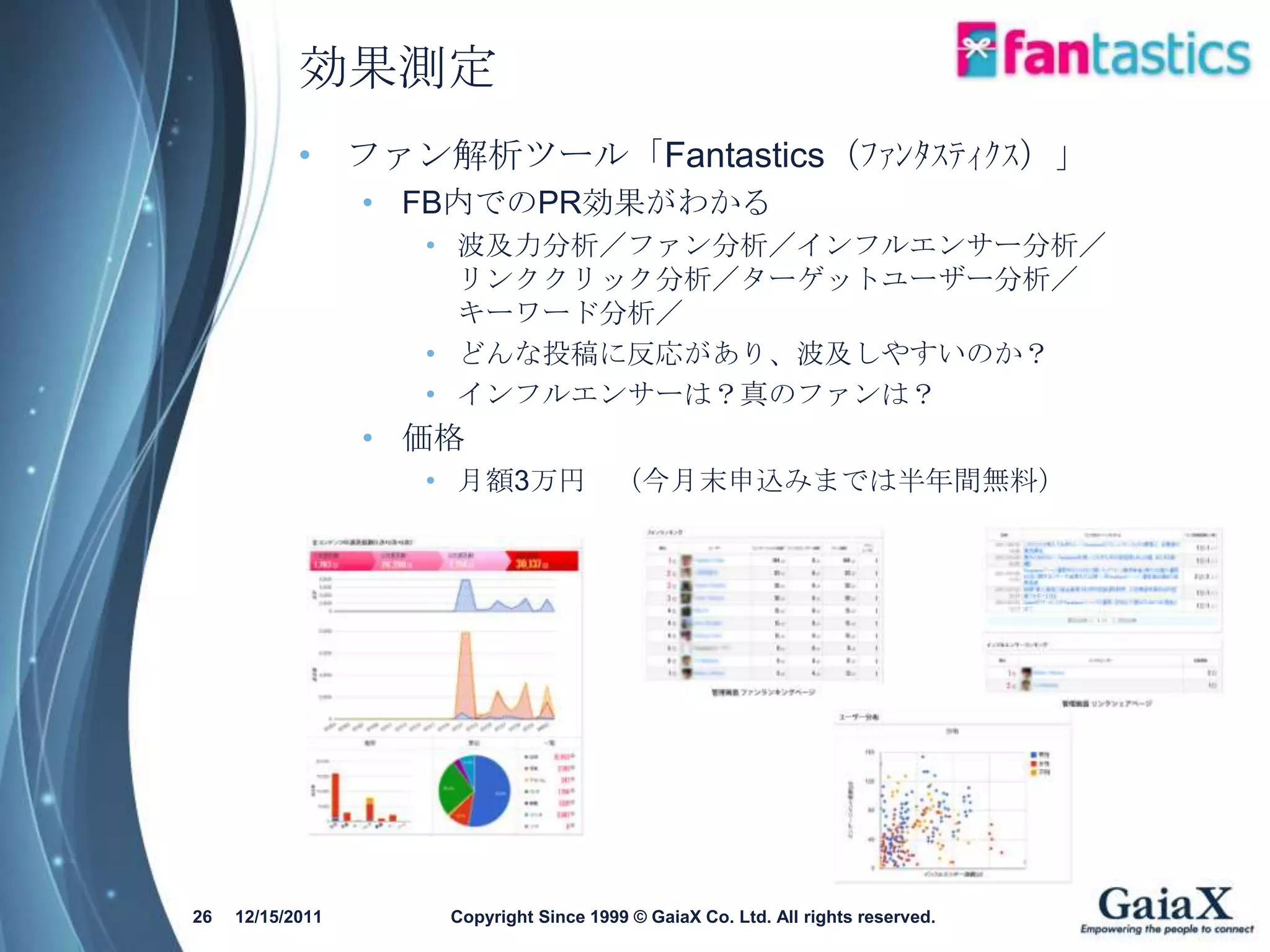 効果測定
            • ファン解析ツール「Fantastics（ﾌｧﾝﾀｽﾃｨｸｽ）」
                  • FB内でのPR効果がわかる
                    • 波及力分析／ファン分析／インフルエンサー分析／
                      リンククリック分析／ターゲットユーザー分析／
                      キーワード分析／
                    • どんな投稿に反応があり、波及しやすいのか？
                    • インフルエンサーは？真のファンは？
                  • 価格
                    • 月額3万円 （今月末申込みまでは半年間無料）




26   12/15/2011      Copyright Since 1999 © GaiaX Co. Ltd. All rights reserved.
 