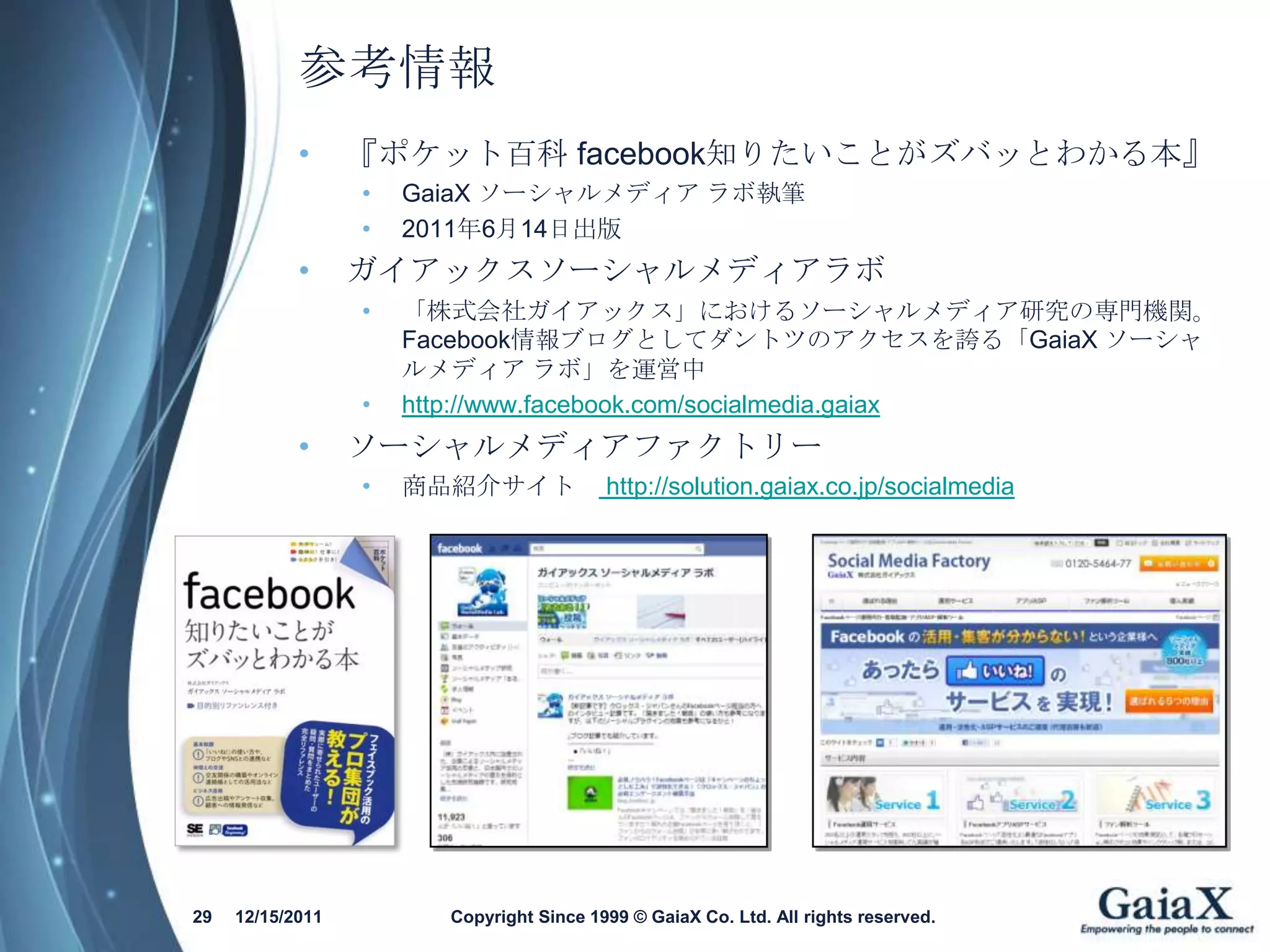 参考情報
            •     『ポケット百科 facebook知りたいことがズバッとわかる本』
                  •   GaiaX ソーシャルメディア ラボ執筆
                  •   2011年6月14日出版
            •     ガイアックスソーシャルメディアラボ
                  •   「株式会社ガイアックス」におけるソーシャルメディア研究の専門機関。
                      Facebook情報ブログとしてダントツのアクセスを誇る「GaiaX ソーシャ
                      ルメディア ラボ」を運営中
                  •   http://www.facebook.com/socialmedia.gaiax
            •     ソーシャルメディアファクトリー
                  •   商品紹介サイト             http://solution.gaiax.co.jp/socialmedia




29   12/15/2011         Copyright Since 1999 © GaiaX Co. Ltd. All rights reserved.
 
