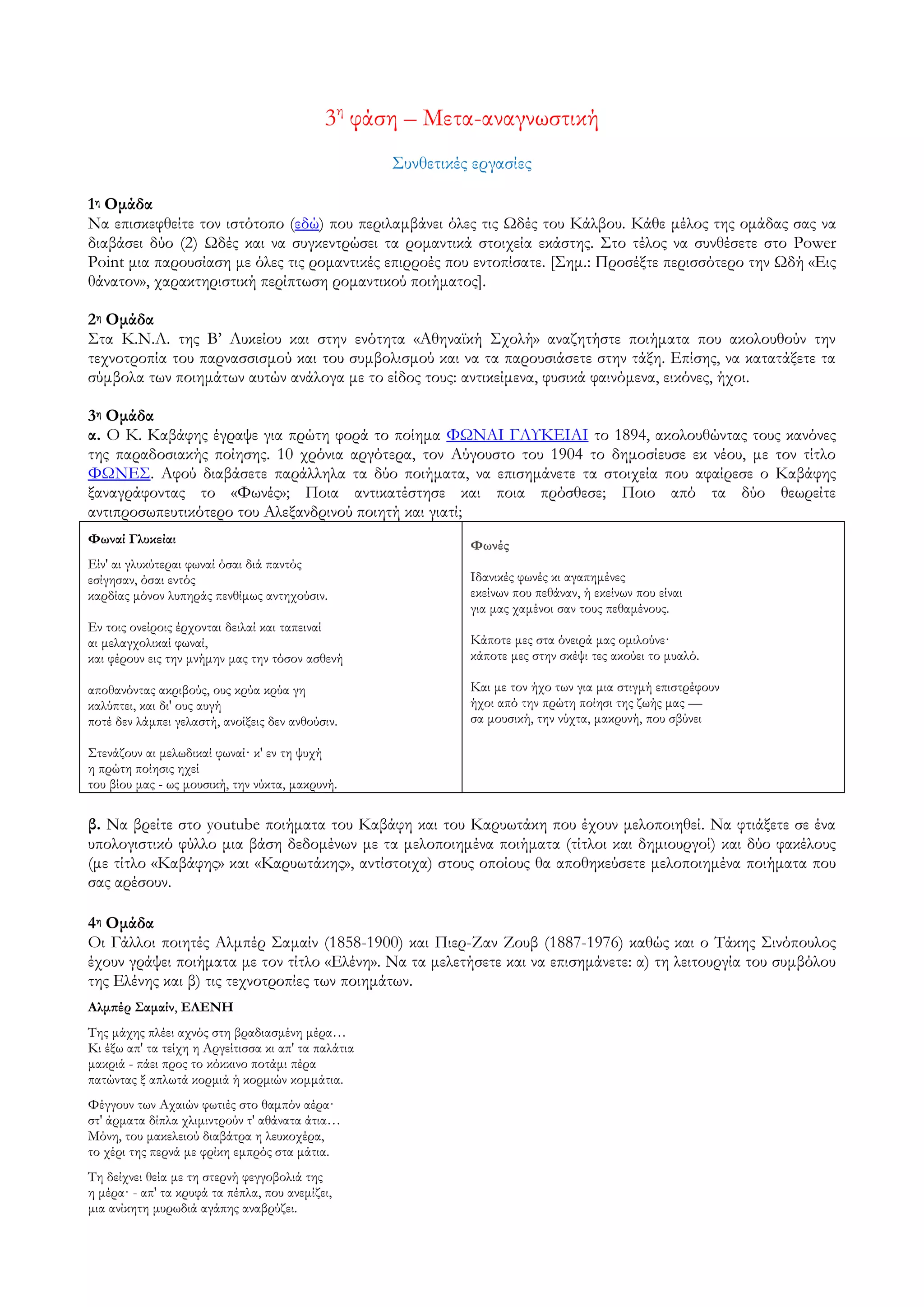 3η φάση – Μετα-αναγνωστική
                                                     ΢υνθετικές εργασίες

1η Ομάδα
Να επισκεφθείτε τον ιστότοπο (εδώ) που περιλαμβάνει όλες τις Ωδές του Κάλβου. Κάθε μέλος της ομάδας σας να
διαβάσει δύο (2) Ωδές και να συγκεντρώσει τα ρομαντικά στοιχεία εκάστης. ΢το τέλος να συνθέσετε στο Power
Point μια παρουσίαση με όλες τις ρομαντικές επιρροές που εντοπίσατε. [΢ημ.: Προσέξτε περισσότερο την Ωδή «Εις
θάνατον», χαρακτηριστική περίπτωση ρομαντικού ποιήματος].

2η Ομάδα
΢τα Κ.Ν.Λ. της Β’ Λυκείου και στην ενότητα «Αθηναϊκή ΢χολή» αναζητήστε ποιήματα που ακολουθούν την
τεχνοτροπία του παρνασσισμού και του συμβολισμού και να τα παρουσιάσετε στην τάξη. Επίσης, να κατατάξετε τα
σύμβολα των ποιημάτων αυτών ανάλογα με το είδος τους: αντικείμενα, φυσικά φαινόμενα, εικόνες, ήχοι.

3η Ομάδα
α. Ο Κ. Καβάφης έγραψε για πρώτη φορά το ποίημα ΥΩΝΑΙ ΓΛΤΚΕΙΑΙ το 1894, ακολουθώντας τους κανόνες
της παραδοσιακής ποίησης. 10 χρόνια αργότερα, τον Αύγουστο του 1904 το δημοσίευσε εκ νέου, με τον τίτλο
ΥΩΝΕ΢. Αφού διαβάσετε παράλληλα τα δύο ποιήματα, να επισημάνετε τα στοιχεία που αφαίρεσε ο Καβάφης
ξαναγράφοντας το «Υωνές»; Ποια αντικατέστησε και ποια πρόσθεσε; Ποιο από τα δύο θεωρείτε
αντιπροσωπευτικότερο του Αλεξανδρινού ποιητή και γιατί;
Φωναί Γλυκείαι                                                 Φωνές
Είν' αι γλυκύτεραι φωναί όσαι διά παντός
εσίγησαν, όσαι εντός                                           Ιδανικές φωνές κι αγαπημένες
καρδίας μόνον λυπηράς πενθίμως αντηχούσιν.                     εκείνων που πεθάναν, ή εκείνων που είναι
                                                               για μας χαμένοι σαν τους πεθαμένους.
Εν τοις ονείροις έρχονται δειλαί και ταπειναί
αι μελαγχολικαί φωναί,                                         Κάποτε μες στα όνειρά μας ομιλούνε·
και φέρουν εις την μνήμην μας την τόσον ασθενή                 κάποτε μες στην σκέψι τες ακούει το μυαλό.

αποθανόντας ακριβούς, ους κρύα κρύα γη                         Και με τον ήχο των για μια στιγμή επιστρέφουν
καλύπτει, και δι' ους αυγή                                     ήχοι από την πρώτη ποίησι της ζωής μας —
ποτέ δεν λάμπει γελαστή, ανοίξεις δεν ανθούσιν.                σα μουσική, την νύχτα, μακρυνή, που σβύνει

΢τενάζουν αι μελωδικαί φωναί· κ' εν τη ψυχή
η πρώτη ποίησις ηχεί
του βίου μας - ως μουσική, την νύκτα, μακρυνή.

β. Να βρείτε στο youtube ποιήματα του Καβάφη και του Καρυωτάκη που έχουν μελοποιηθεί. Να φτιάξετε σε ένα
υπολογιστικό φύλλο μια βάση δεδομένων με τα μελοποιημένα ποιήματα (τίτλοι και δημιουργοί) και δύο φακέλους
(με τίτλο «Καβάφης» και «Καρυωτάκης», αντίστοιχα) στους οποίους θα αποθηκεύσετε μελοποιημένα ποιήματα που
σας αρέσουν.

4η Ομάδα
Oι Γάλλοι ποιητές Αλμπέρ ΢αμαίν (1858-1900) και Πιερ-Ζαν Ζουβ (1887-1976) καθώς και ο Σάκης ΢ινόπουλος
έχουν γράψει ποιήματα με τον τίτλο «Ελένη». Να τα μελετήσετε και να επισημάνετε: α) τη λειτουργία του συμβόλου
της Ελένης και β) τις τεχνοτροπίες των ποιημάτων.
Αλμπέρ ΢αμαίν, ΕΛΕΝΗ
Σης μάχης πλέει αχνός στη βραδιασμένη μέρα…
Κι έξω απ' τα τείχη η Αργείτισσα κι απ' τα παλάτια
μακριά - πάει προς το κόκκινο ποτάμι πέρα
πατώντας ξ απλωτά κορμιά ή κορμιών κομμάτια.
Υέγγουν των Αχαιών φωτιές στο θαμπόν αέρα·
στ' άρματα δίπλα χλιμιντρούν τ' αθάνατα άτια…
Μόνη, του μακελειού διαβάτρα η λευκοχέρα,
το χέρι της περνά με φρίκη εμπρός στα μάτια.
Ση δείχνει θεία με τη στερνή φεγγοβολιά της
η μέρα· - απ' τα κρυφά τα πέπλα, που ανεμίζει,
μια ανίκητη μυρωδιά αγάπης αναβρύζει.
 