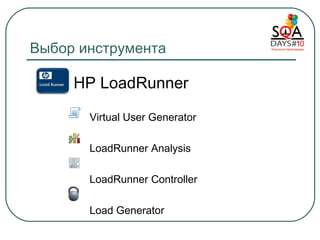 Выбор инструмента HP LoadRunner Virtual User Generator  LoadRunner Analysis   LoadRunner Controller   Load Generator 