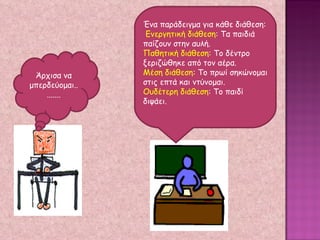 Άρχισα να μπερδεύομαι......... Ένα παράδειγμα για κάθε διάθεση: Ενεργητική διάθεση : Τα παιδιά παίζουν στην αυλή. Παθητική διάθεση : Το δέντρο ξεριζώθηκε από τον αέρα. Μέση διάθεση : Το πρωί σηκώνομαι στις επτά και ντύνομαι. Ουδέτερη διάθεση : Το παιδί διψάει. 