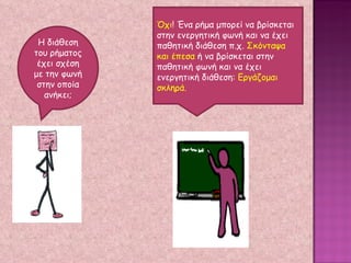 Η διάθεση του ρήματος έχει σχέση με την φωνή στην οποία ανήκει; Όχι ! Ένα ρήμα μπορεί να βρίσκεται στην ενεργητική φωνή και να έχει παθητική διάθεση π.χ.  Σκόνταψα και έπεσα  ή να βρίσκεται στην παθητική φωνή και να έχει ενεργητική διάθεση:  Εργάζομαι σκληρά. 