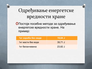 Одређивање енергетске
      вредности хране
oПостоје посебне методе за одређивање
 енергетске вредности хране. На
 пример:

  1кг скроба без воде     19,64 Ј
  1кг масти без воде      39,71 Ј
  1кг беланчевина         23,82 Ј
 