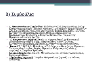 Β)  Συμβούλια 1 )  Μητροπολιτικό Συμβούλιο :  Πρόεδρος· ο Σεβ. Μητροπολίτης. Μέλη· Καθηγητής Νομικής κ. Γεώργιος Λεβέντης, Προϊσταμένη Τμήματος Εσόδων Δ.Ο.Υ. Γλυφάδας κ. Νικολέττα Στρογγύλη κ. Φώτιος Διαμάντης, Πρωτοπρ. Κωνσταντίνος Μαλτέζος, Πρωτοπρ. Θεόδωρος Κουμαριανός, Εκκλησιαστικός Σύμβουλος κ. Γεώργιος Κερκουλάς, Γραμματεύς· Πρωτοπρ. Αθανάσιος Χατζής.   2 )  Υπηρεσιακὸ Συμβούλιο :  Ως το Μητροπολιτικό.  3) Ἐπισκοπικό Δικαστήριο:  Πρόεδρος· ο Σεβ. Μητροπολίτης. Μέλη· Πρωτοπρ. Κωνσταντίνος Μαλτέζος, Πρωτοπρ. Κωνσταντίνος Στρατηγόπουλος.   Τοπικό  Τ.Π.Ο.Ε.Κ.Ε.: Πρόεδρος· ο Σεβ. Μητροπολίτης. Μέλη· Πρωτοπρ. Σωτήριος Θωμόπουλος, Ταμίας· Πρωτοπρ. Γεώργιος Αντζουλάτος, Λογιστής· κ. Σπυρίδων Τρούσσας. Νομικοί Σύμβουλοι  (αμισθί) Μητροπόλεως : κ. Σπυρίδων Αζαριάδης, κ. Ιωάννης Αλαβάνος Σύμβουλος Τεχνικού  Γραφείου Μητροπόλεως (αμισθί)  : κ. Φώτιος Διαμάντης 