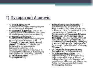 Γ)  Πνευματική Διακονία   1)   Θείο Κήρυγμα  : Ο Σεβασμιώτατος, ο Πρωτοσύγγελος και οι προσοντούχοι Κληρικοί.  2) Εσπερινό Κήρυγμα : Σε όλες τις Ενορίες και το Παρεκκλήσιο του Αγίου Παντελεήμονος Ασκληπιείου Βούλας. 3)   Ιερά Εξομολόγηση : Ο Σεβασμιώτατος, ο Πρωτοσύγγελος και οι εντεταλμένοι Κληρικοί.  ) α)  Γραφείο Νεότητος-Χριστιανική Αγωγή Νεολαίας  :  Πρόεδρος ο Σεβασμιώτατος και μέλη της Επιτροπής Νεότητος : ο π. Κωνσταντίνος Στρατηγόπουλος, ο π. Γεώργιος Φειδόπουλος, ο π. Γεώργιος Γαντζός και ο π. Αντώνιος Χρήστου.  β)  Εκκλησιαστικοί Συμπαραστάτες  Εκπαιδευτηρίων-Φοιτητών  : Ο Πρωτοσύγγελος, ο πρωτοπρ. π. Κωνσταντίνος Μαλτέζος, ο πρωτοπρ. π. Κωνσταντίνος Στρατηγόπουλος και ο ο πρωτοπρ. π. Θεόδωρος Κουμαριανός. γ)  Ενοριακά Κέντρα Νεότητος  :  16, δ)  Κατηχητικές Συνάξεις  : 66 , Ανώτερα 12, Μέσα 21 και Κατώτερα 28, Προσχολικά 5. ε)  Νεανικές-Μεταλυκιακές Συνάξεις : 3. και στ.)  Αθλητικός Οργανισμός -Διενοριακά Πρωταθλήματα « Ο Άγιος Νέστωρ ». 5)  Υπηρεσία Συμπραστάσεως Οικογένειας  : ο Σεβασμιώτατος. 6)  Αντιαιρετική Δράση  : Ο Σεβασμιώτατος, ο π. Κωνσταντίνος Στρατηγόπουλος και η κ. Ελένη Ανδρουλάκη. Μηνιαίο Αντιαιρετικό σεμινάριο στο Πνευματικό Κέντρο του Αγίου Παντελεήμονος Ακληπιείου Νοσοκομείου Βούλας.  