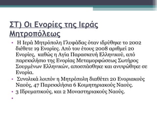 ΣΤ) Οι Ενορίες της Ιεράς Μητροπόλεως   Η Ιερά Μητρόπολη Γλυφάδας όταν ιδρύθηκε το 2002 διέθετε 19 Ενορίες. Από του έτους 2008 αριθμεί 20 Ενορίες,  καθώς η Αγία Παρασκευή Ελληνικού, από παρεκκλήσιο της Ενορίας Μεταμορφώσεως Σωτήρος Σουρμένων Ελληνικών, αποσπάσθηκε και ανυψώθηκε σε Ενορία.  Συνολικά λοιπόν η Μητρόπολη διαθέτει 20 Ενοριακούς Ναούς, 47 Παρεκκλήσια 6 Κοιμητηριακούς Ναούς. 3 Ιδρυματικούς, και 2 Μοναστηριακούς Ναούς. 
