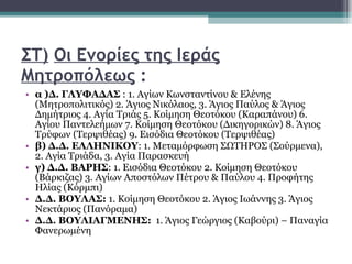 ΣΤ)   Οι Ενορίες της Ιεράς Μητροπόλεως  : α )Δ. ΓΛΥΦΑΔΑΣ  : 1. Αγίων Κωνσταντίνου & Ελένης (Μητροπολιτικός) 2. Άγιος Νικόλαος, 3. Άγιος Παύλος & Άγιος Δημήτριος 4. Αγία Τριάς 5. Κοίμηση Θεοτόκου (Καραπάνου) 6. Αγίου Παντελεήμων 7. Κοίμηση Θεοτόκου (Δικηγορικών) 8. Άγιος Τρύφων (Τερψιθέας) 9. Εισόδια Θεοτόκου (Τερψιθέας)  β)   Δ.Δ. ΕΛΛΗΝΙΚΟΥ : 1. Μεταμόρφωση ΣΩΤΗΡΟΣ (Σούρμενα), 2. Αγία Τριάδα, 3. Αγία Παρασκευή  γ)   Δ.Δ. ΒΑΡΗΣ : 1. Εισόδια Θεοτόκου 2. Κοίμηση Θεοτόκου (Βάρκιζας) 3. Αγίων Αποστόλων Πέτρου & Παύλου 4. Προφήτης Ηλίας (Κόρμπι)   Δ.Δ. ΒΟΥΛΑΣ:  1. Κοίμηση Θεοτόκου 2. Άγιος Ιωάννης 3. Άγιος Νεκτάριος (Πανόραμα)  Δ.Δ. ΒΟΥΛΙΑΓΜΕΝΗΣ:   1. Άγιος Γεώργιος (Καβούρι) – Παναγία Φανερωμένη 