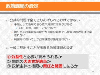 ˜    公共的問題は全てとりあげられるわけではない
      o  ⼿手段として活⽤用できる政策資源には限りがある
        •  ⼈人材、財源、権限、ノウハウなど
      o  限りある政策資源の配分が可能な範囲でしか具体的政策は⽴立立案
         されない
      o  範囲内においてしか政策課題は設定されない


˜    ⼀一般に⾒見見出すことが出来る政策課題の設定

①  公益性と必要が認められるか
②  問題の⼤大きさが適当か
③  政策主体の権限の責任と範囲にあるか
                                          19
 
