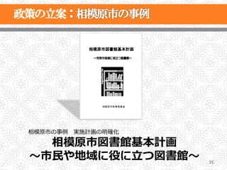 相模原市の事例例 　実施計画の明確化

   相模原市図書館基本計画
〜～市⺠民や地域に役に⽴立立つ図書館〜～   35
 