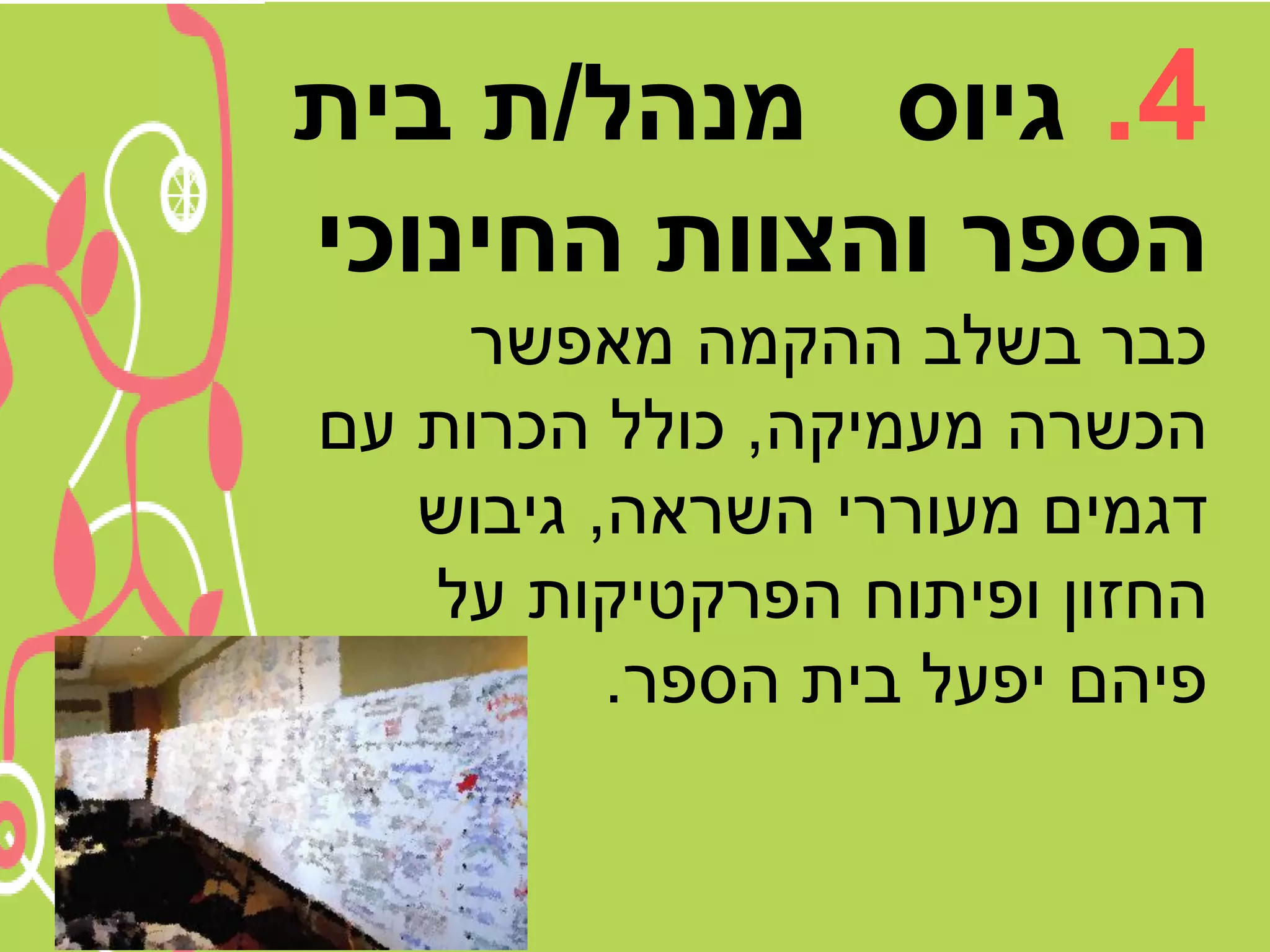 ‫4. גיוס מנהל/ת בית‬
‫הספר והצוות החינוכי‬
    ‫כבר בשלב ההקמה מאפשר‬
‫הכשרה מעמיקה, כולל הכרות עם‬
   ‫דגמים מעוררי השראה, גיבוש‬
   ‫החזון ופיתוח הפרקטיקות על‬
          ‫פיהם יפעל בית הספר.‬
 