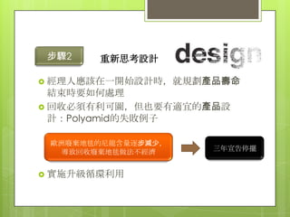 步驟2   重新思考設計

 經理人應該在一開始設計時，就規劃產品壽命
  結束時要如何處理
 回收必須有利可圖，但也要有適宜的產品設
  計：Polyamid的失敗例子

 歐洲廢棄地毯的尼龍含量逐步減少，
   導致回收廢棄地毯做法不經濟    三年宣告停擺


 實施升級循環利用
 