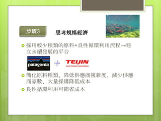 步驟3   思考規模經濟

 採用較少種類的原料+良性循環利用流程→建
立永續發展的平台



 簡化原料種類、降低供應商複雜度、減少供應
  商家數、大量採購降低成本
 良性循環利用可節省成本
 