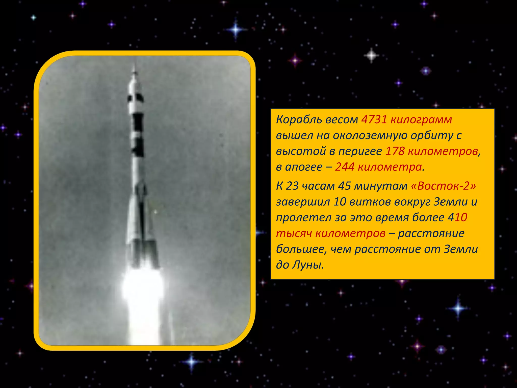 Корабль весом  4731 килограмм  вышел на околоземную орбиту с высотой в перигее  178 километров , в апогее –  244 километра .  К 23 часам 45 минутам  «Восток-2»  завершил 10 витков вокруг Земли и пролетел за это время более 4 10 тысяч километров  – расстояние большее, чем расстояние от Земли до Луны.  